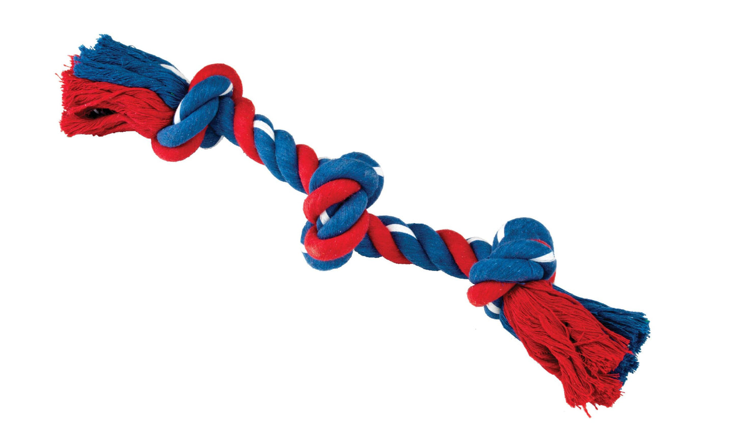 Red and blue knotted rope toy on a white background
