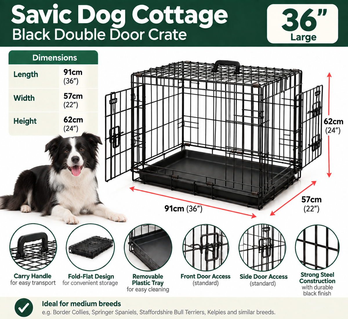 Savic | Dog Cottage | Black Double Door Cage Crate