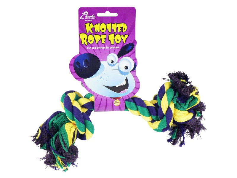 Knotted rope toy with colorful braided ends on a white background
