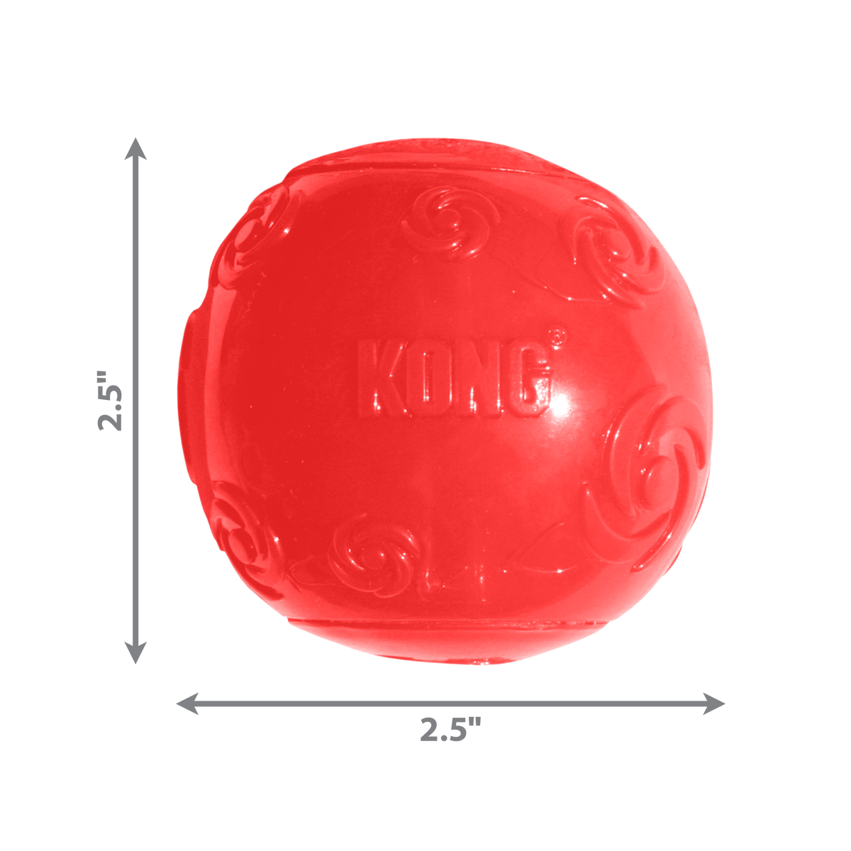 Red KONG dog toy with dimensions on a white background