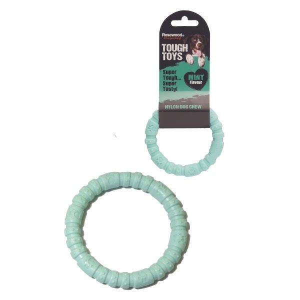 Two mint green dog toys with a packaging label on a white background