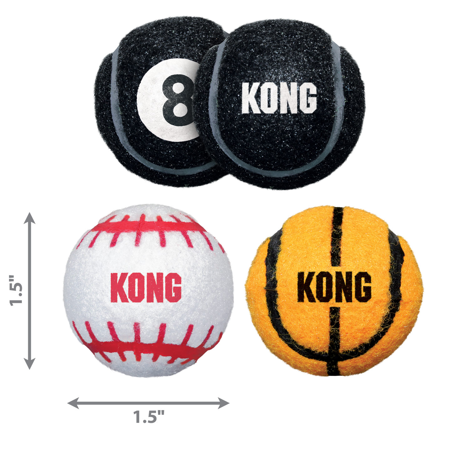 Four KONG branded dog toys with dimensions indicated on a white background