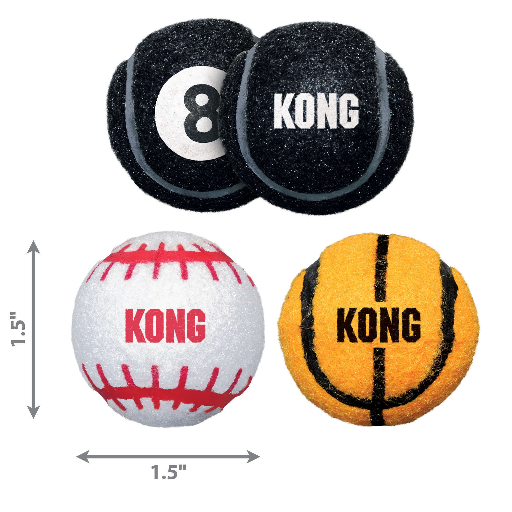 Four KONG branded dog toys with dimensions indicated on a white background