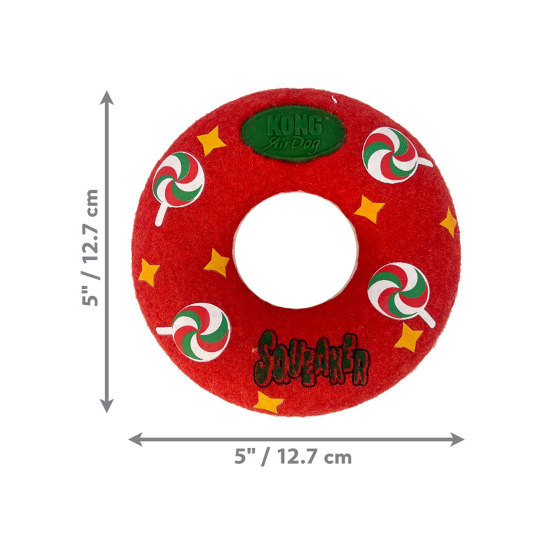 Red Doughnut KONG Christmas dog toy with measurements