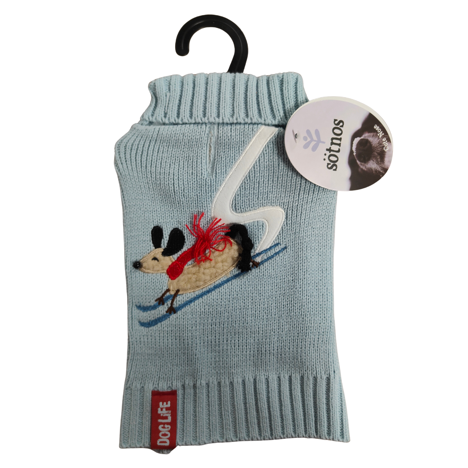 Light blue dog sweater with hedgehog design on a hanger, featuring a visible brand tag.