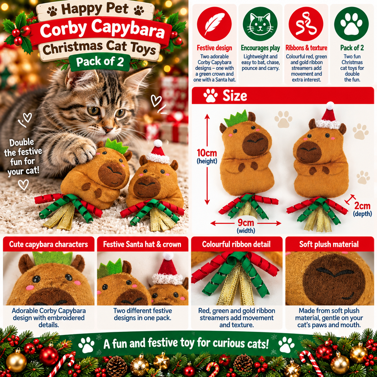 Corby Capybara 🦫 Pack of 2 Christmas Cat Toys by Happy Pet
