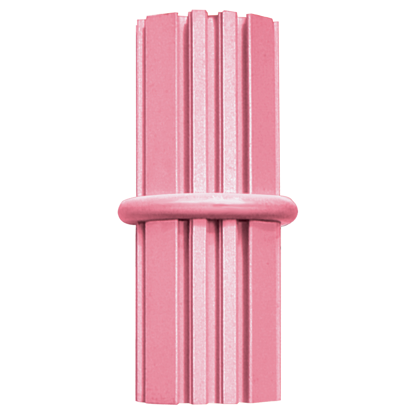 Pink kong puppy toy with ribbed texture on a white background