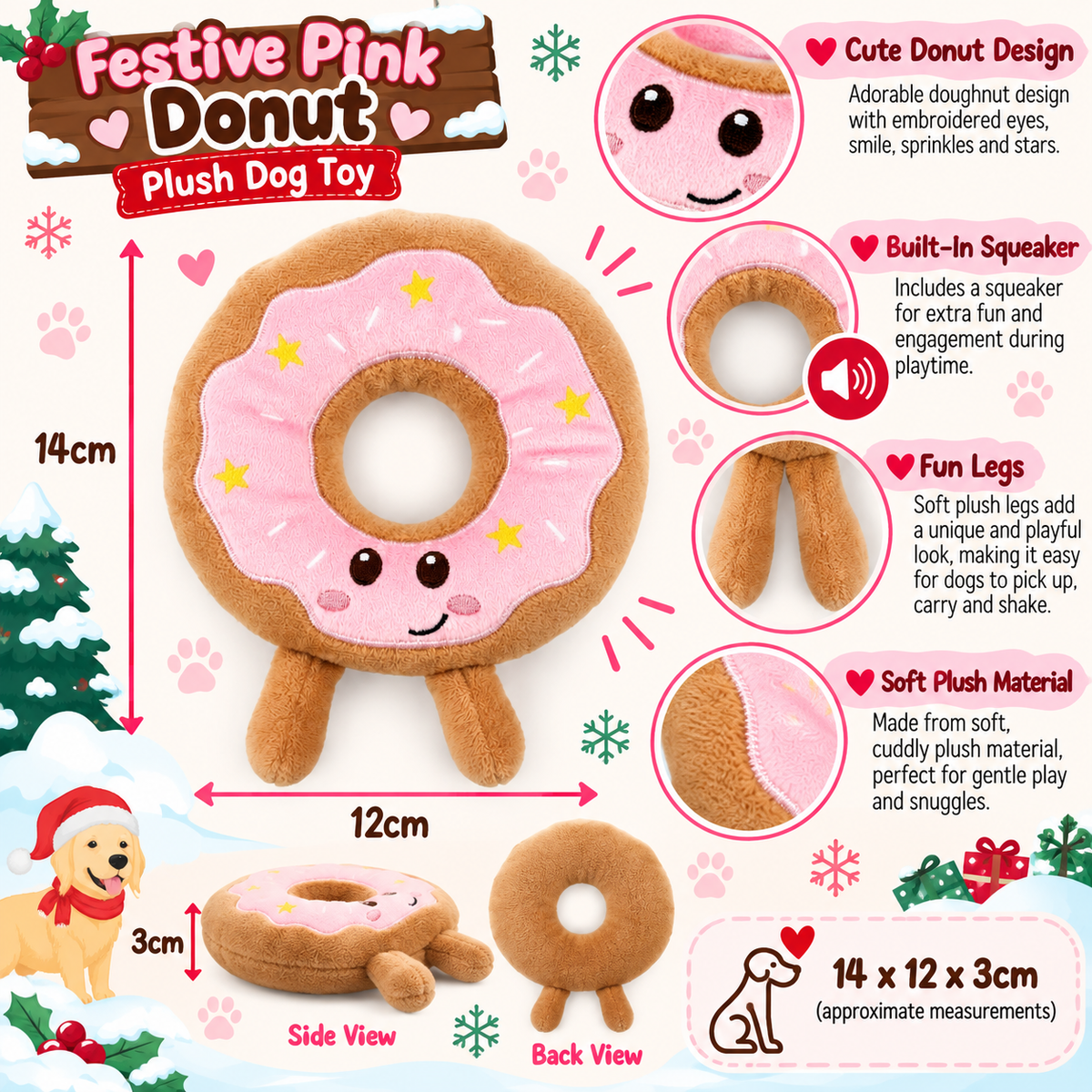 Festive Pink Donut 🍩 Plush Christmas Dog Toy by Happy Pet