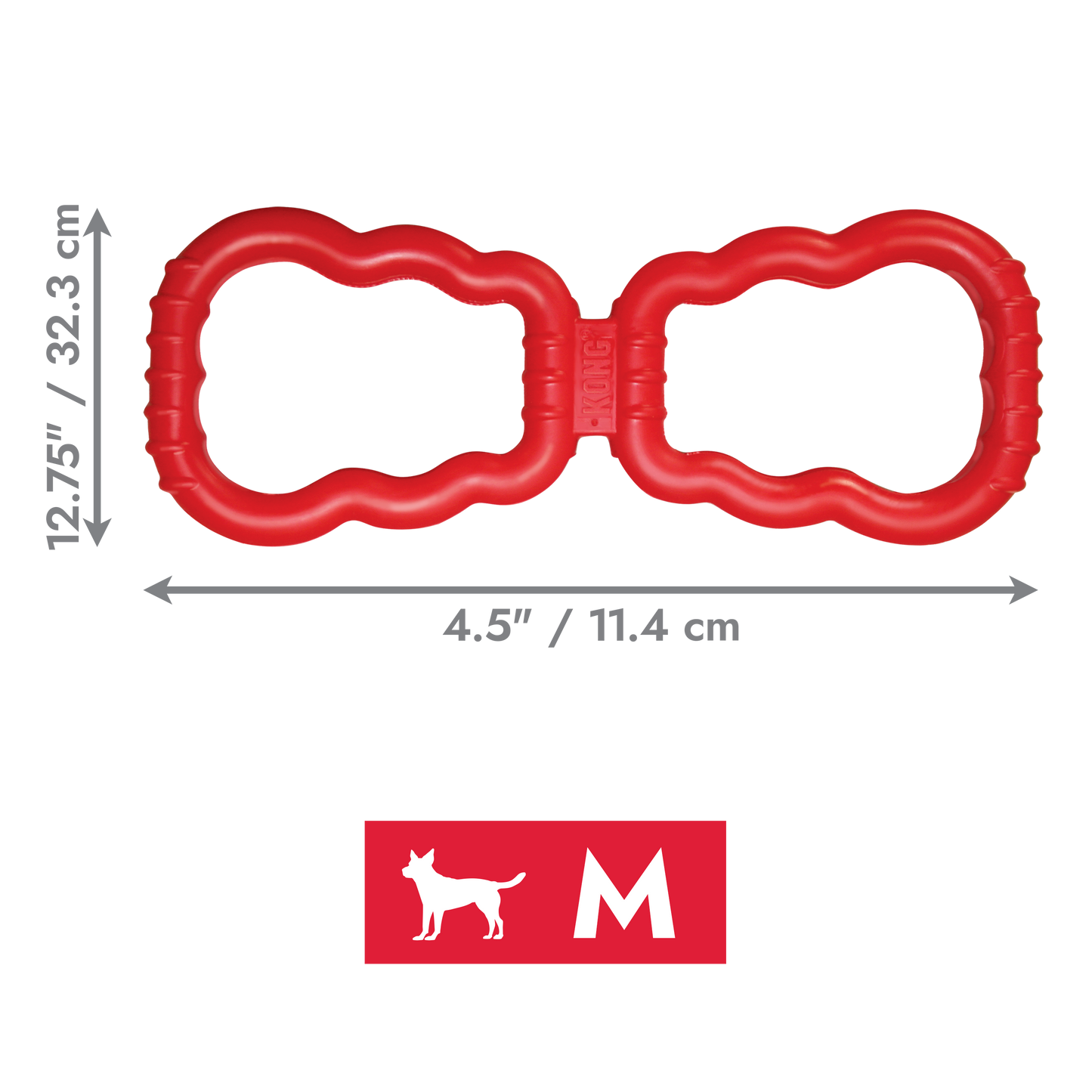 Red dog toy with dimensions labeled on a white background