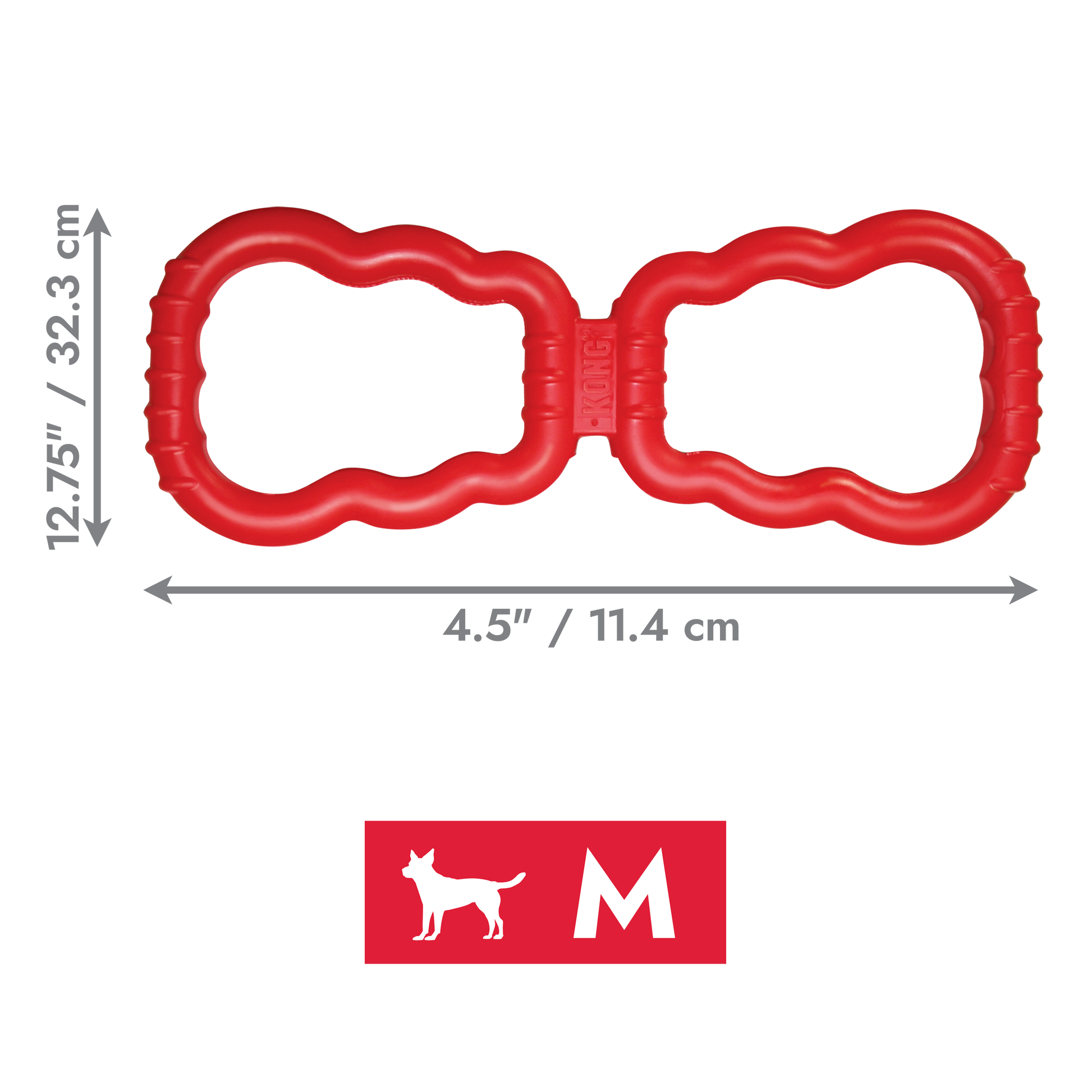 Red dog toy with dimensions labeled on a white background