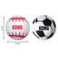 Two KONG balls, one resembling a baseball and the other a soccer ball, with dimensions indicated.