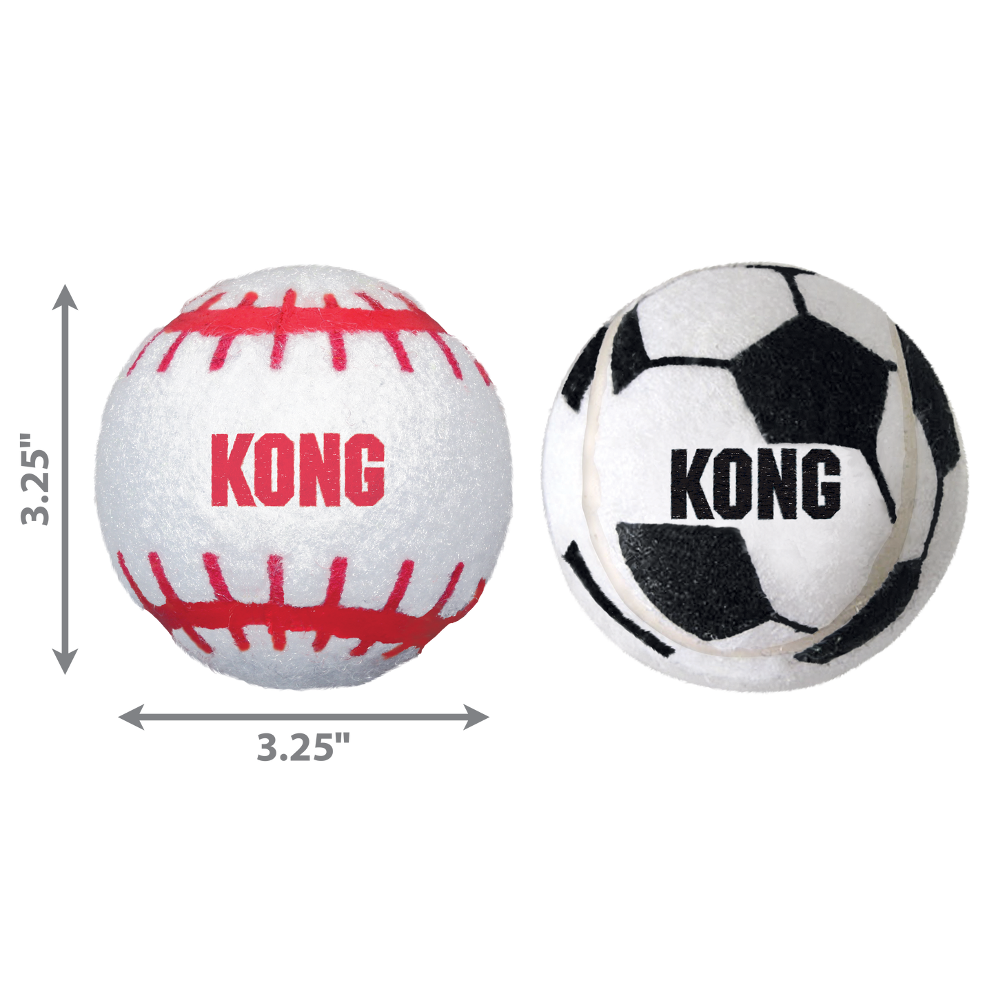 Two KONG balls, one resembling a baseball and the other a soccer ball, with dimensions indicated.