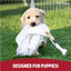 Puppy playing with a toy on grass, with text 'Designed for Puppies!' at the bottom.