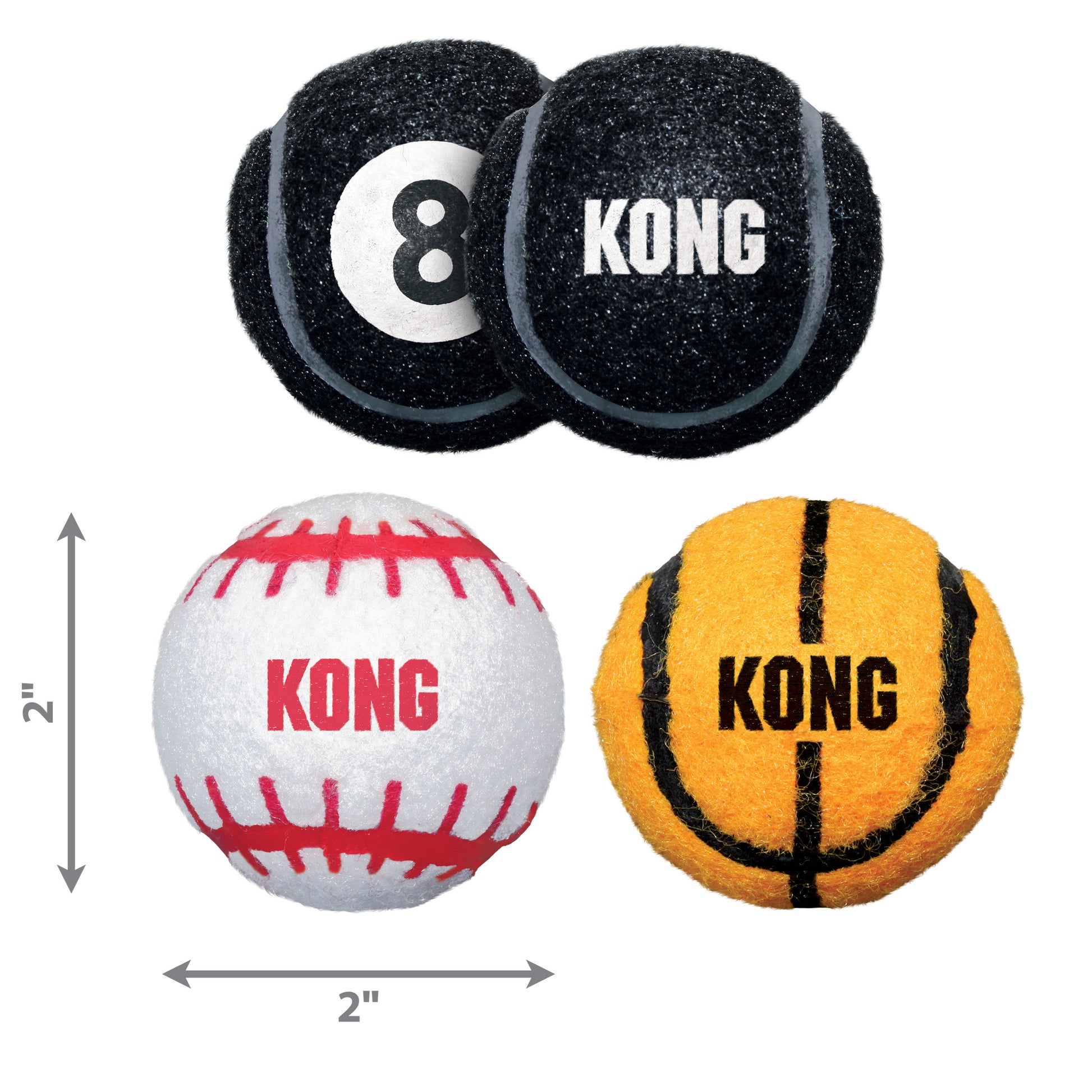 Four KONG brand dog toys with measurements on a white background