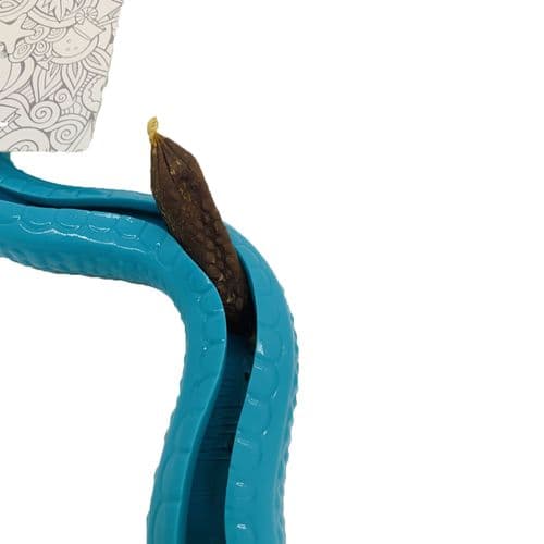 Teal snake-like dog toy  with a sausage terat protruding from a channel on a white background