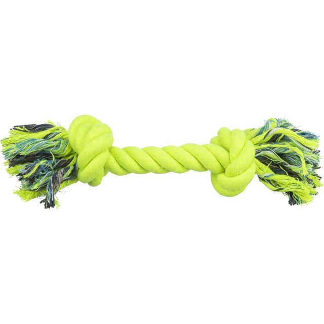 Dog toy with green rope and frayed ends on a white background