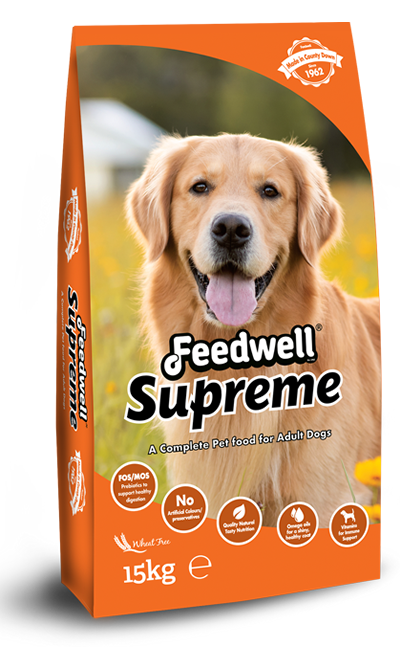 Feedwell Supreme dog food package with a golden retriever on an orange background
