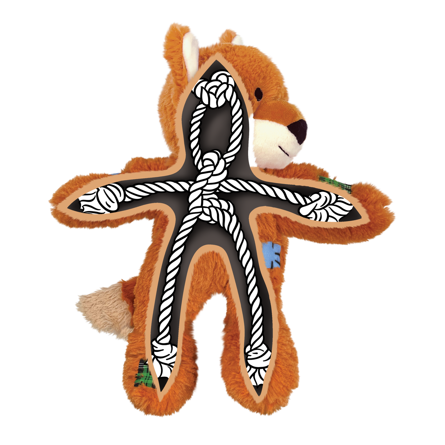 Plush dog toy with a star-shaped chew component on a white background