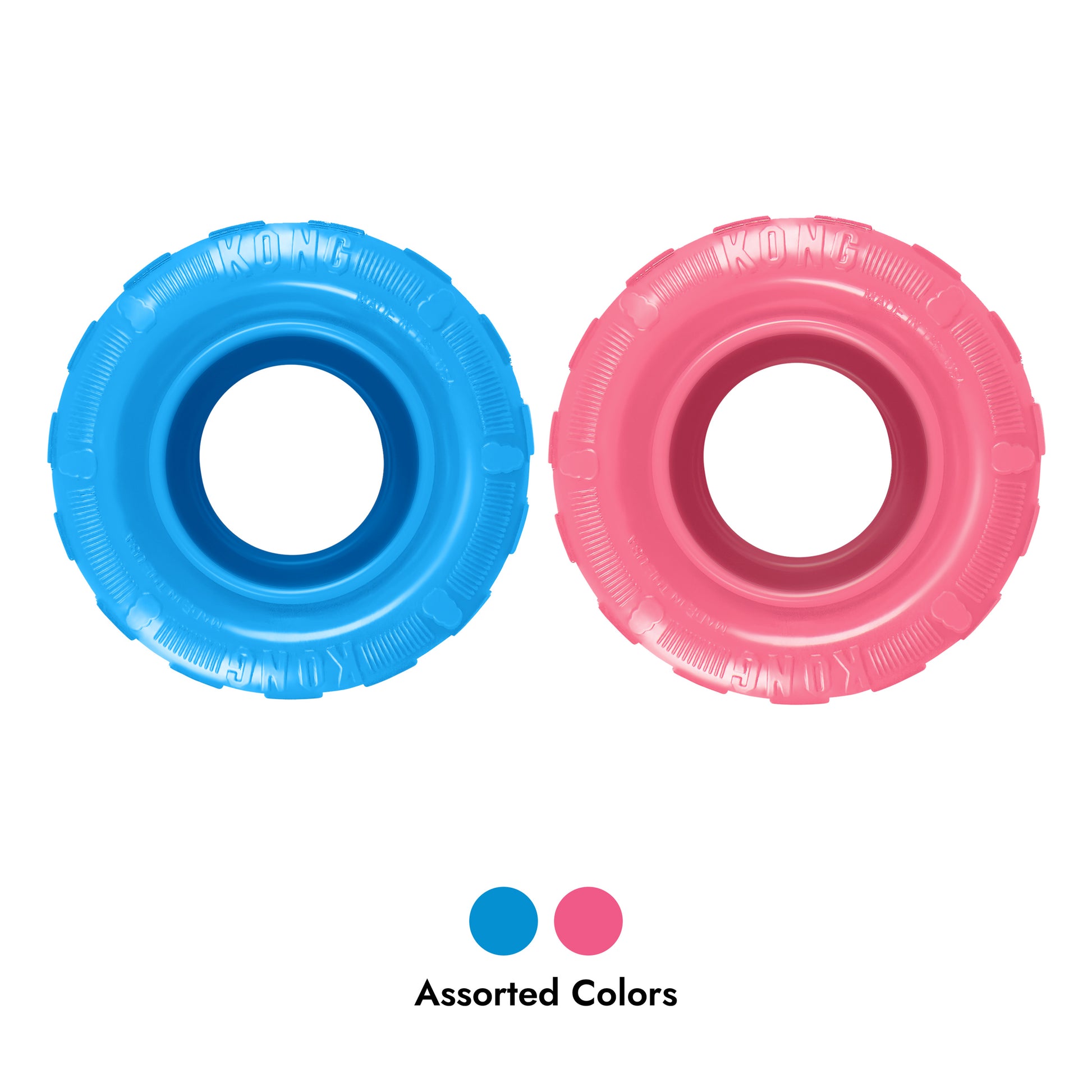 Two dog toy tyres, one blue and one pink, on a white background with 'Assorted Colors' text below.