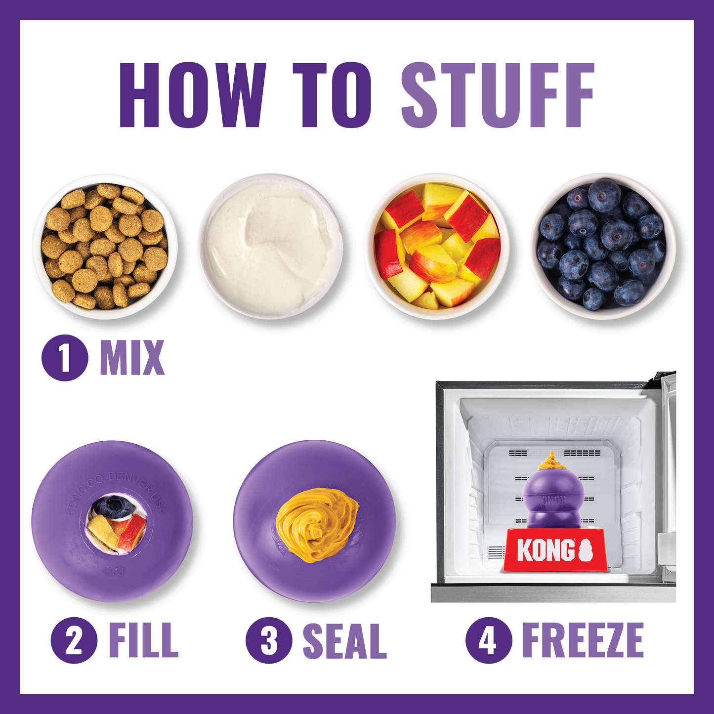 Instructions for stuffing a KONG pet toy with various ingredients and a KONG toy packaging.