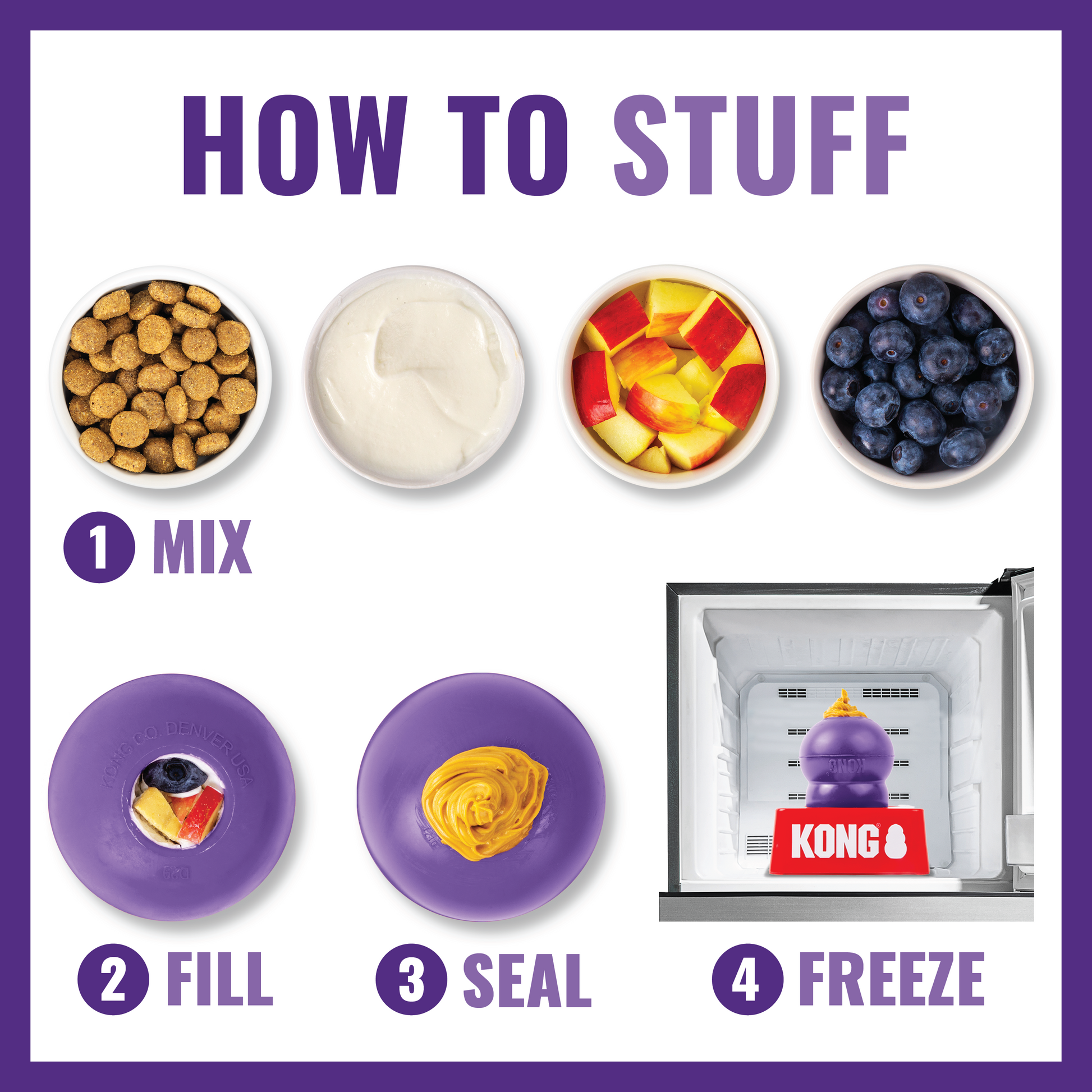 Instructions for stuffing a KONG pet toy with various ingredients and a KONG toy packaging.