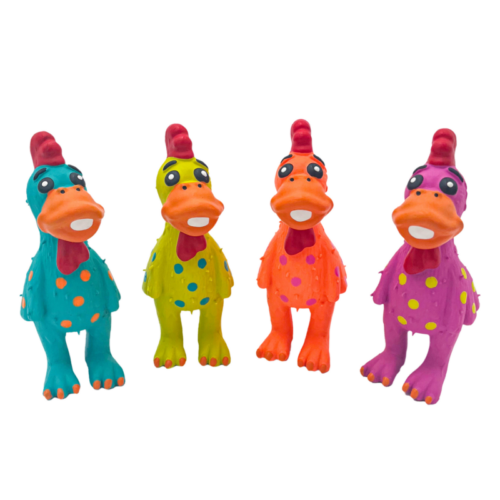 Four colorful rubber duck dog toys with polka dot patterns on a white background