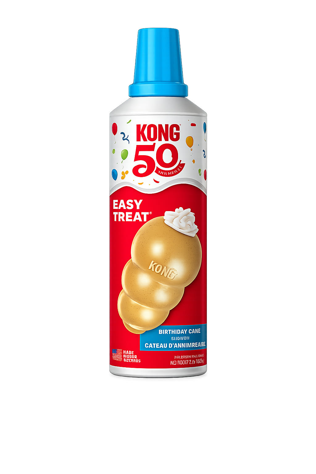 Kong Easy Treat Birthday Cake for pets with blue cap on white background
