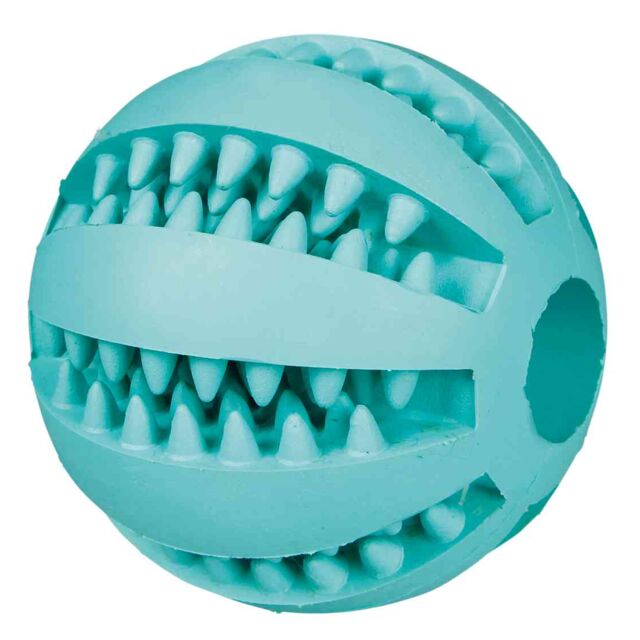 Teal rubber ball with textured surface on a white background