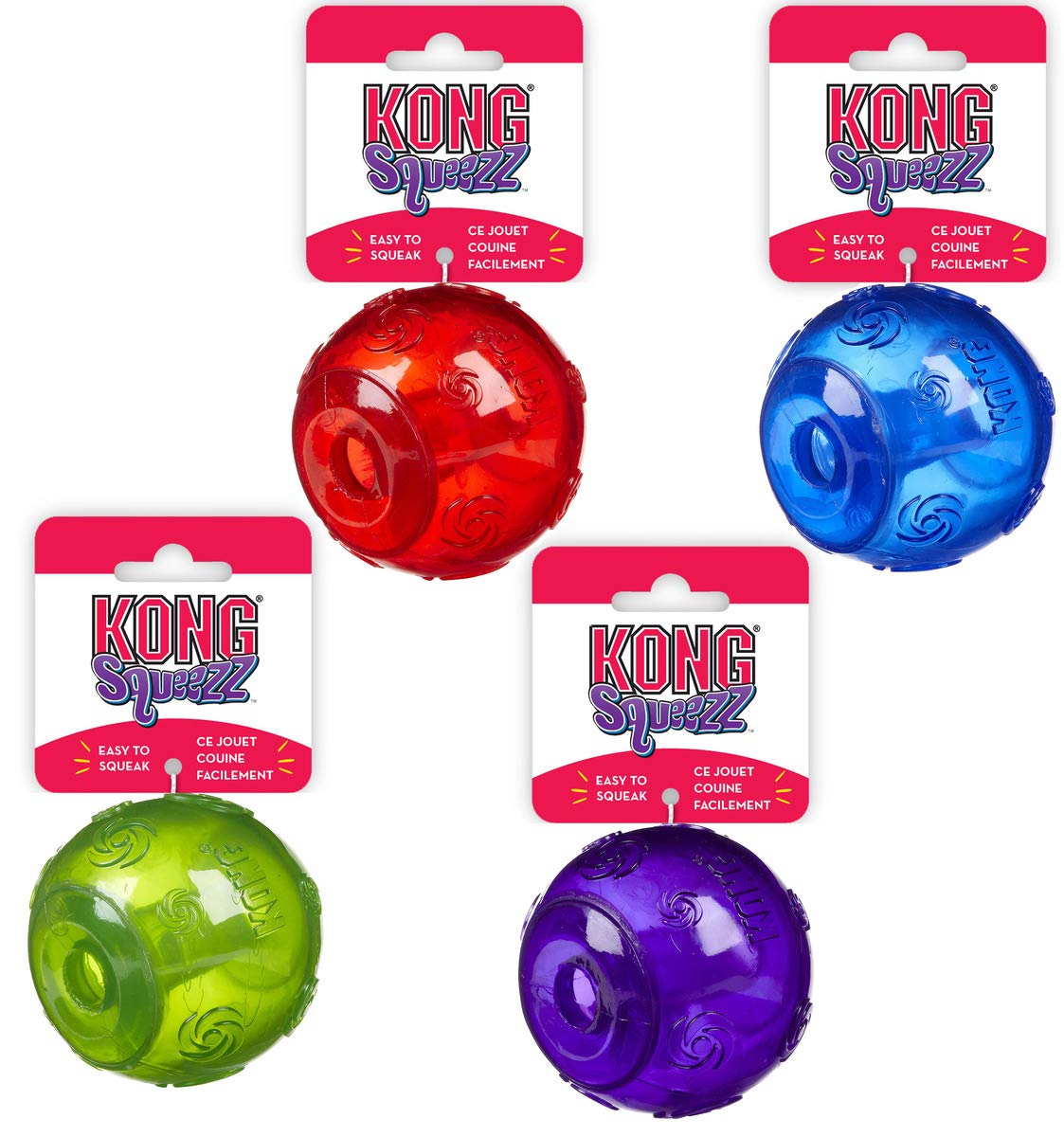 Four KONG Squeezz balls in red, blue, green, and purple with packaging on a white background.