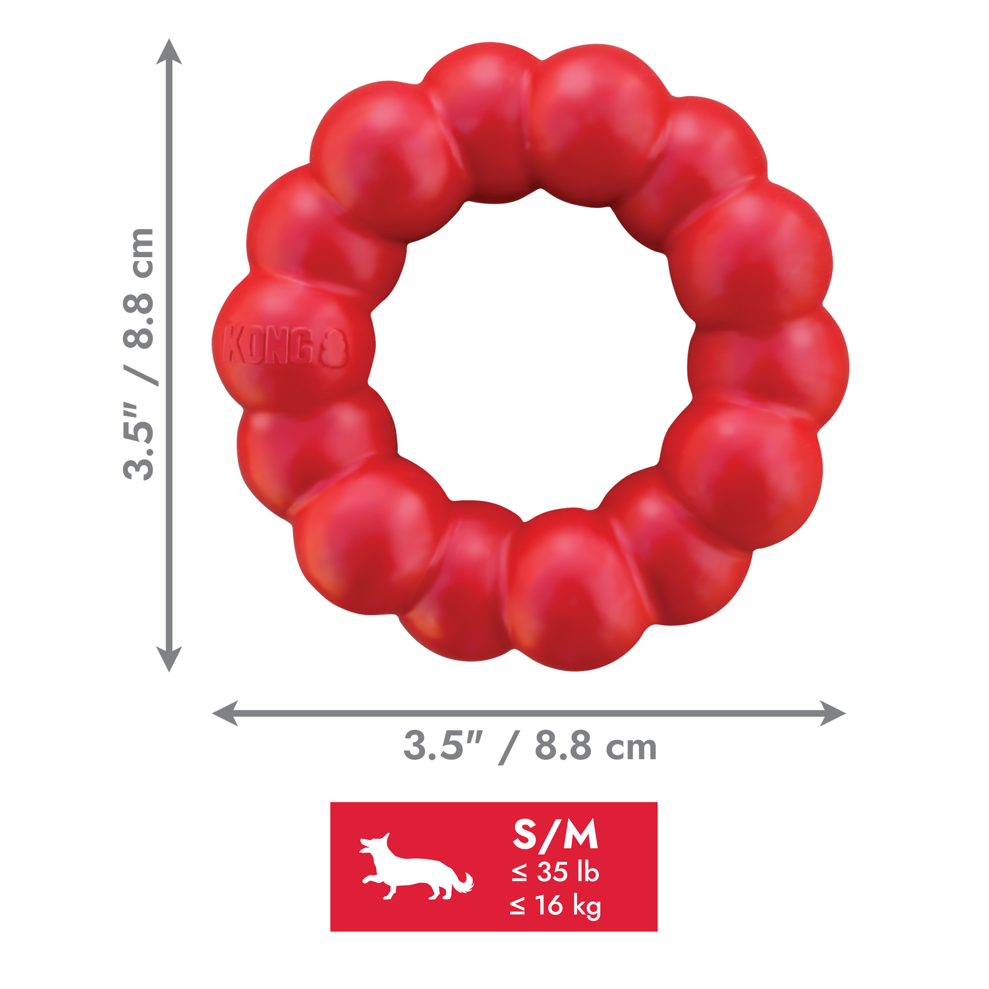 Red KONG dog toy with dimensions and weight capacity on a white background