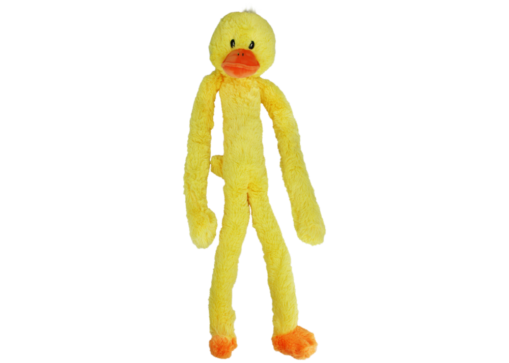 Yellow duck-shaped plush dog  toy on a white background