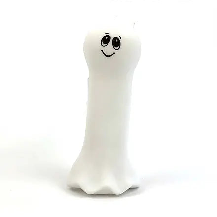 White ghost dog toy with a smiley face on a white background