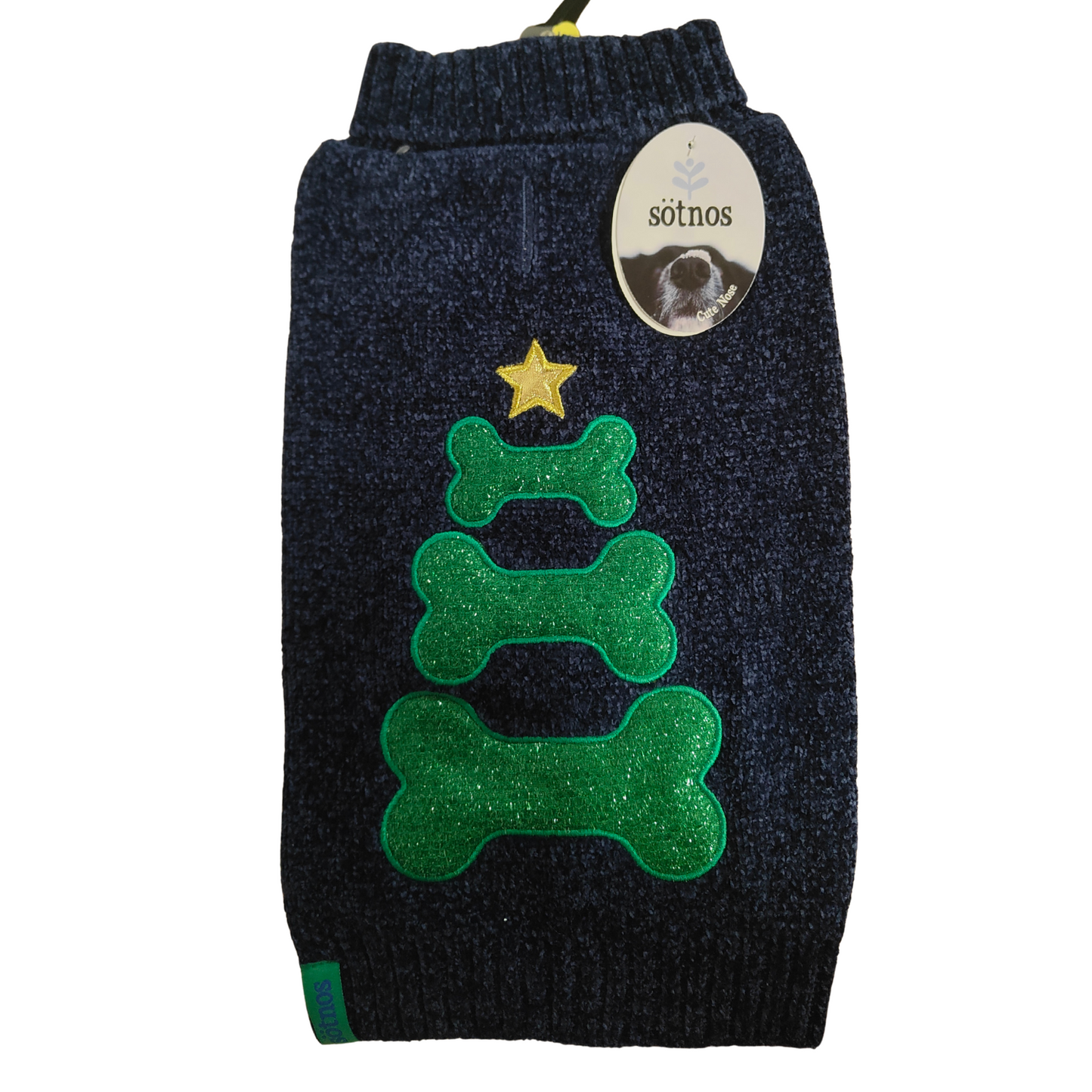 Dark blue dog sweater with green bone designs and a star, branded 'sotinos'.