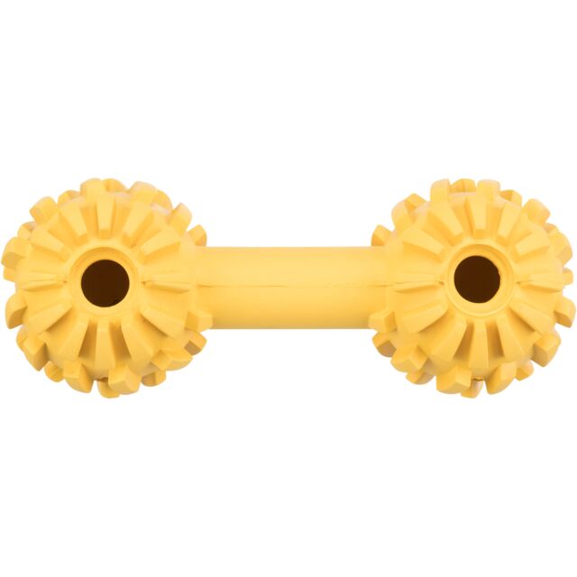 Yellow dog toy with a unique design on a white background