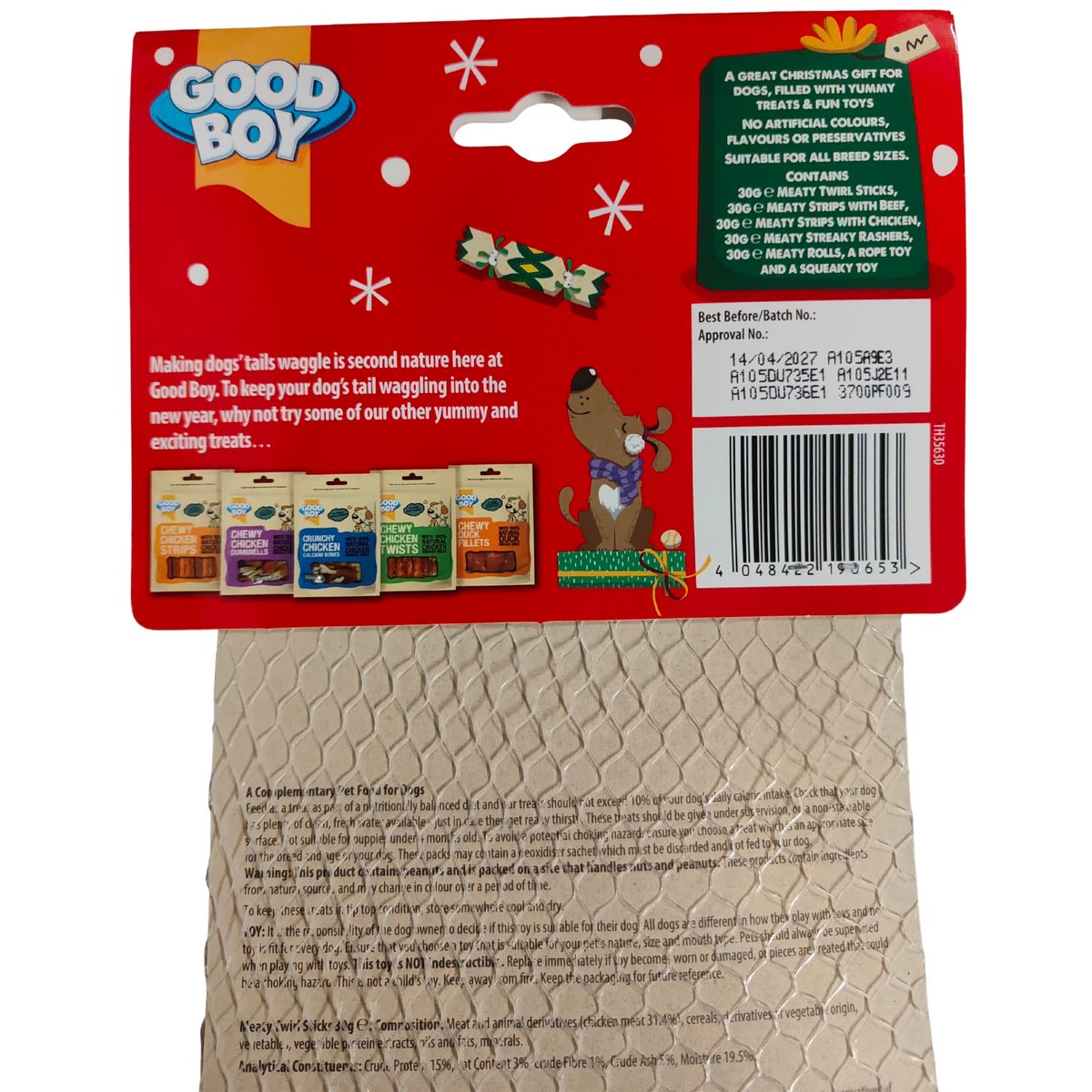 Good Boy dog treat packaging with red label and beige backing