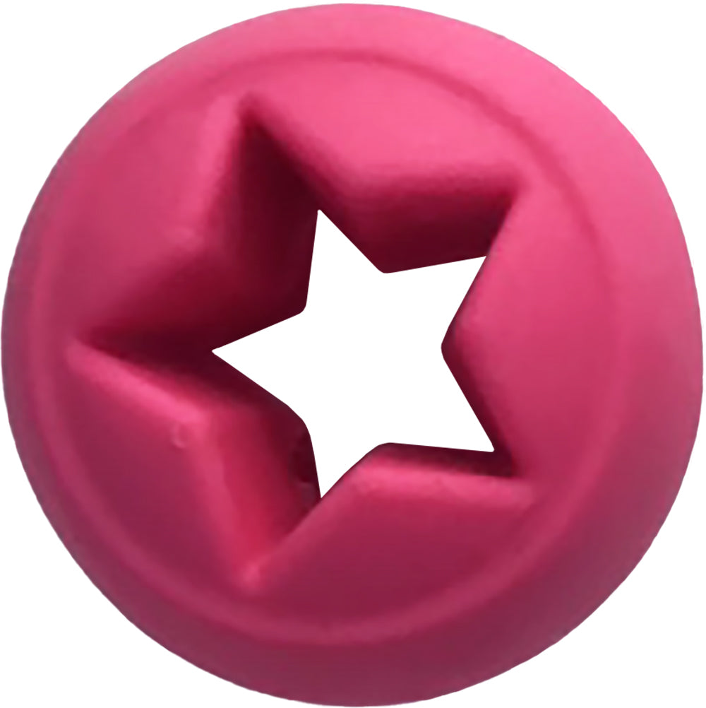 Pink dog toy with star-shaped cutout on a white background