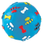 Blue dog toy ball with colorful paw prints and bones on a white background