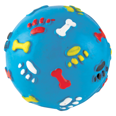 Blue dog toy ball with colorful paw prints and bones on a white background