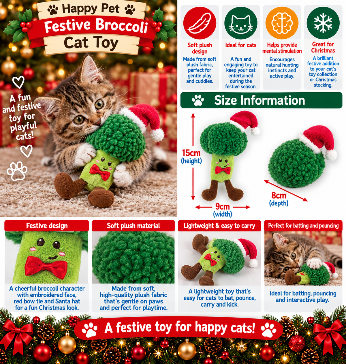 Festive Broccoli 🥦 Cat Toy by Happy Pet