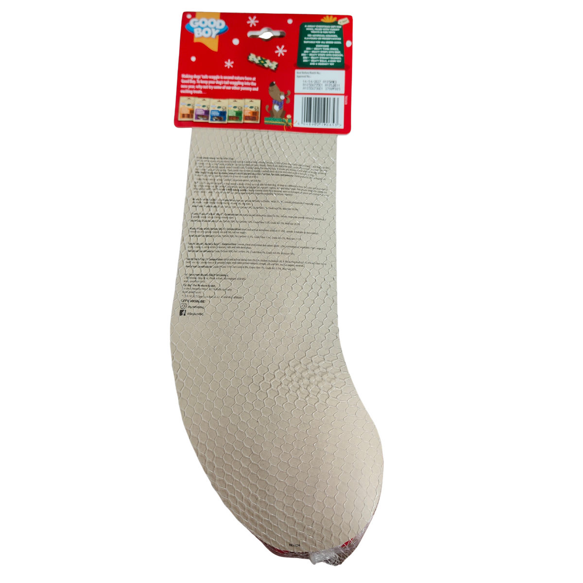 Contents of stocking with a red and white label on a white background