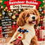 A fluffy brown dog wearing a festive Christmas sweater with a reindeer design, set against a decorated Christmas tree and holiday gifts background. The image includes promotional text overlays reading 'Happy Pet Reindeer Bobble Dog Sweater' and 'A cosy and festive jumper for Christmas walks and winter adventures!'.