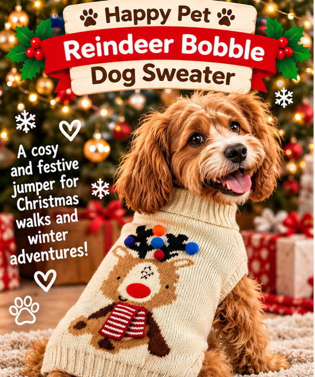 A fluffy brown dog wearing a festive Christmas sweater with a reindeer design, set against a decorated Christmas tree and holiday gifts background. The image includes promotional text overlays reading 'Happy Pet Reindeer Bobble Dog Sweater' and 'A cosy and festive jumper for Christmas walks and winter adventures!'.