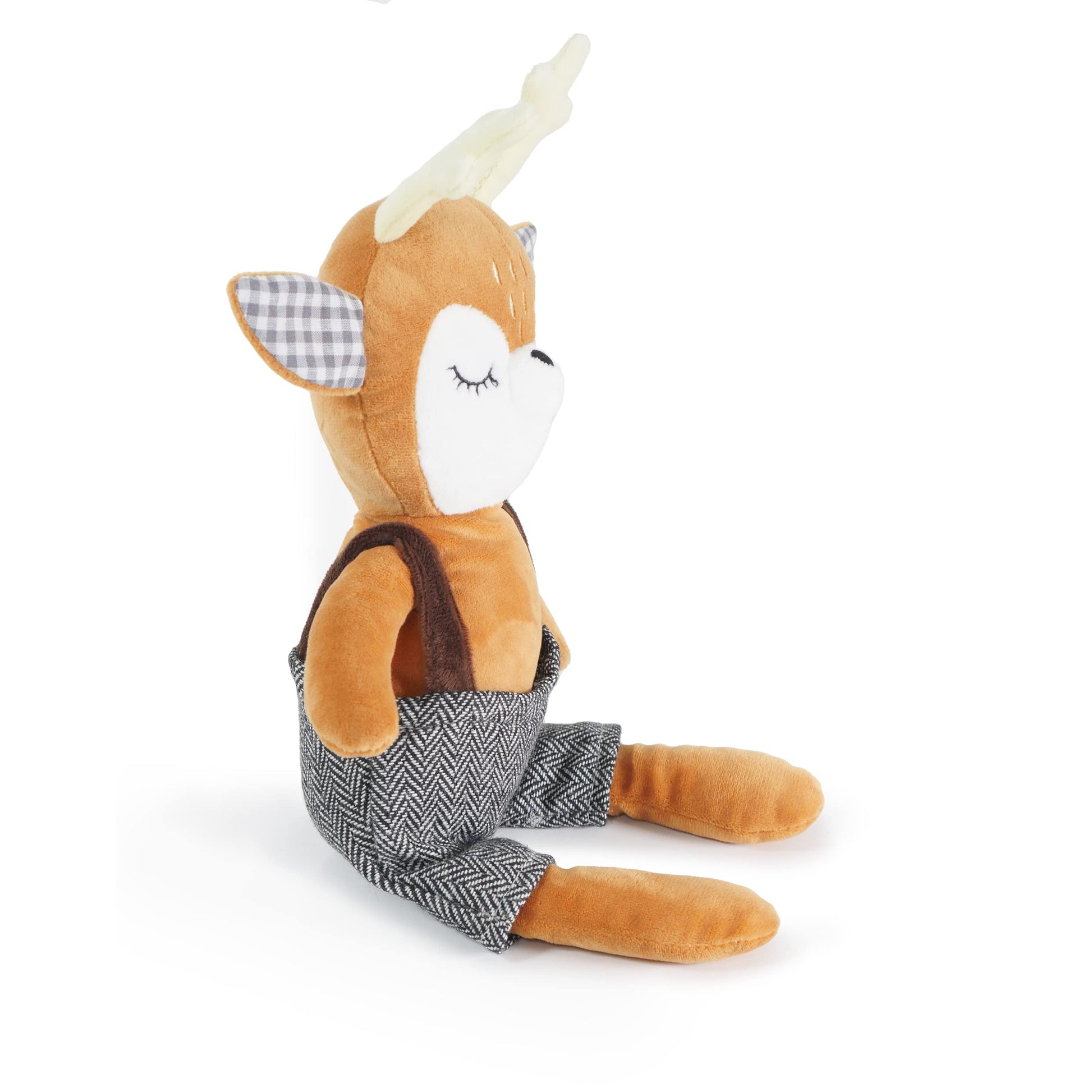 Plush dog toy deer with checkered bib on a white background