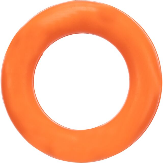 Orange rubber dog toy ring on a white background