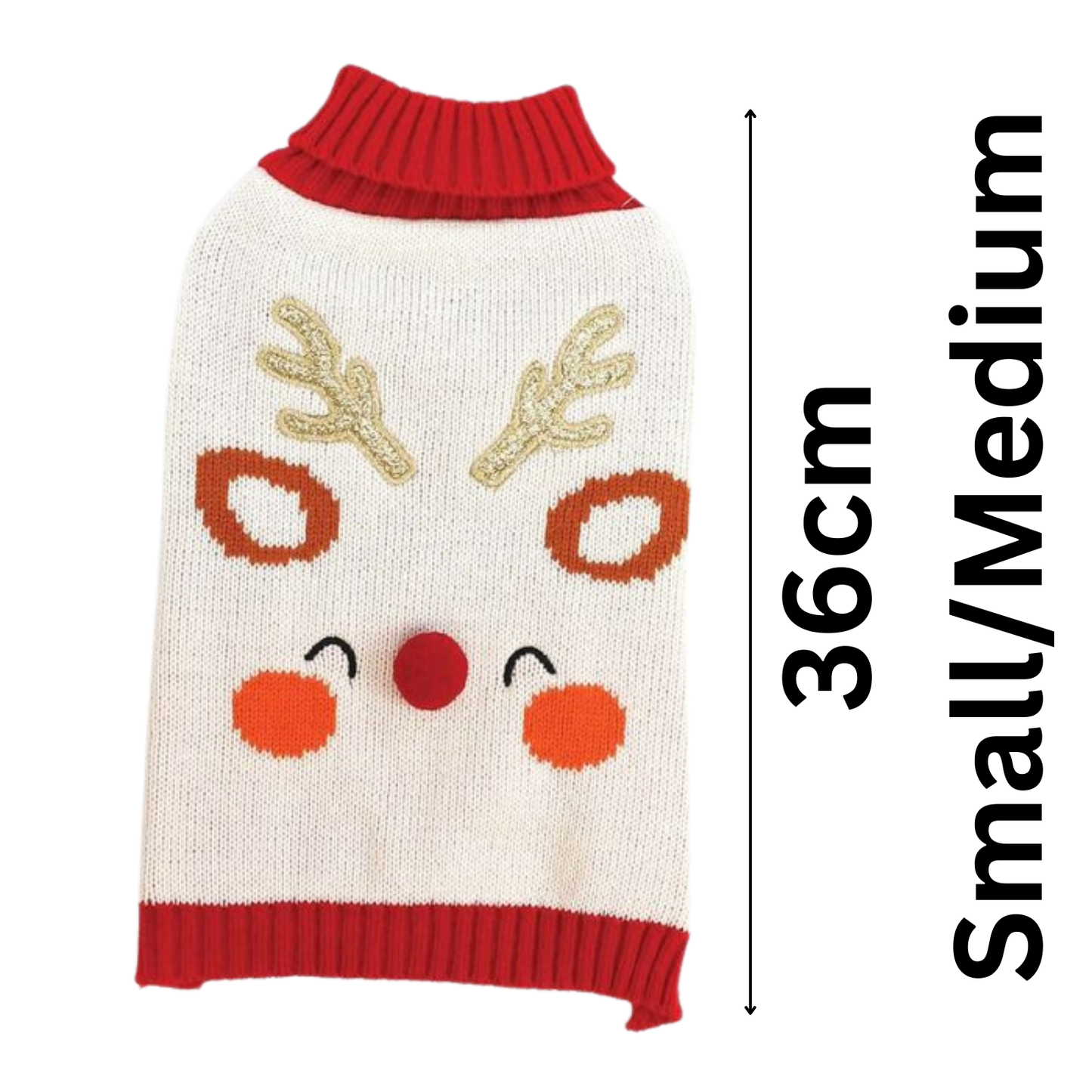 Knitted dog sweater with reindeer design and measurements on a white background