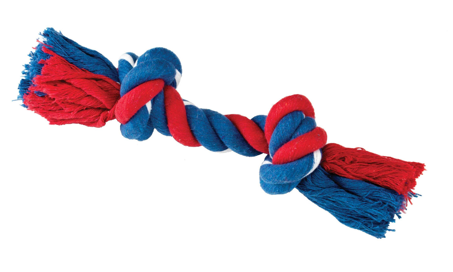 Red and blue braided dog toy on a white background