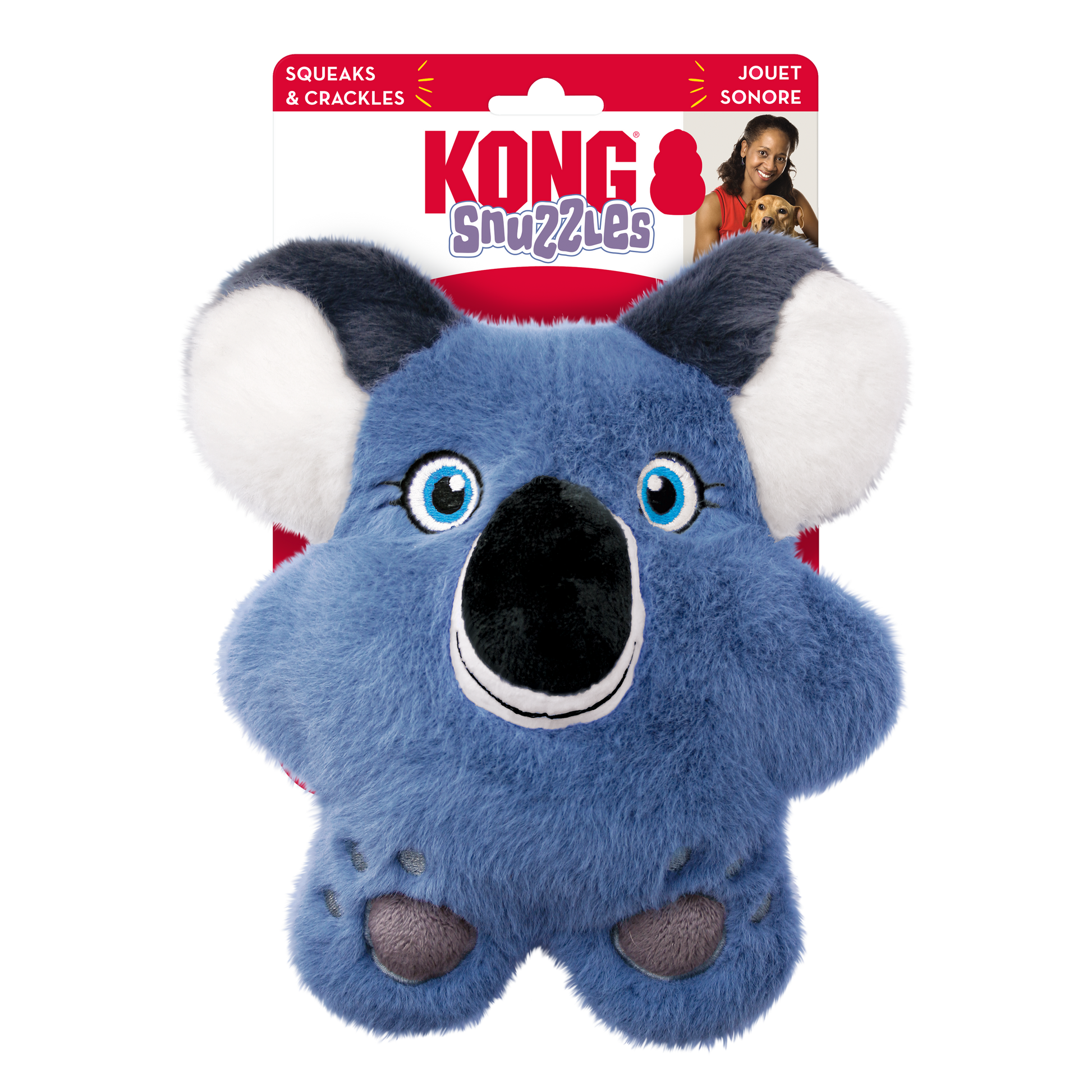 Blue koala-shaped dog toy with KONG branding on a white background