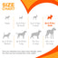 Dog chew toy size chart with illustrations of dogs and corresponding weight ranges.
