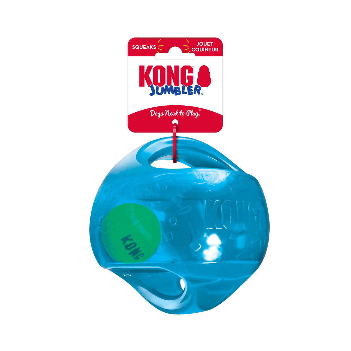 Blue KONG Jumbler toy with a red and white label on a white background