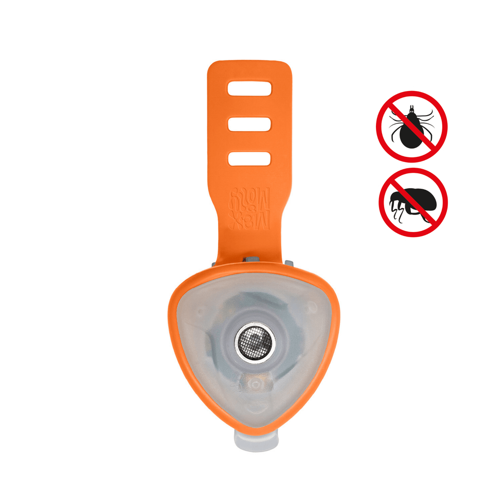 Orange insect repellent device with clear cap on a white background